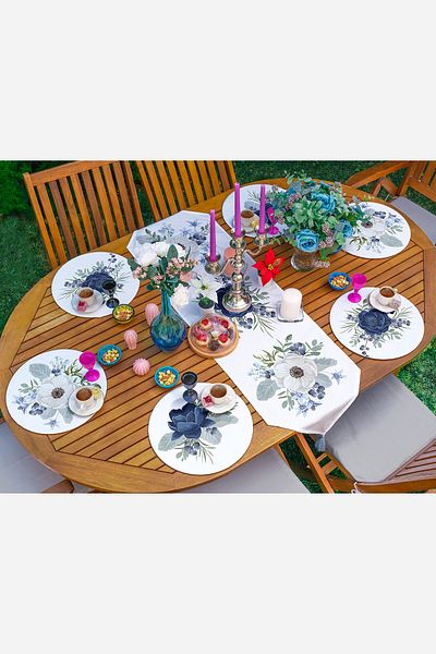 Realhomes White & Navy Blue Rose Motif 6+1 Supla Runner Set