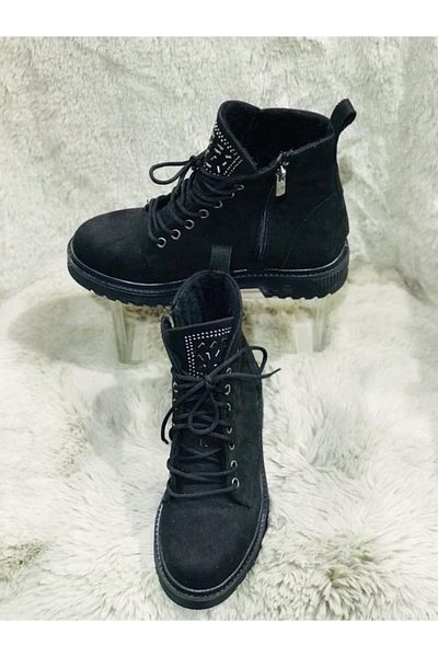 Aysun Ayakkabı Women's Zippered and Laced Water and Cold Weather Resistant Boots with Black Stone Accessories