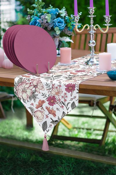 Realhomes Daisy - Trandafir Design Digital Print Triunghi Tasseled Runner 1 bucată - 6 bucăți Supla de culoare prune