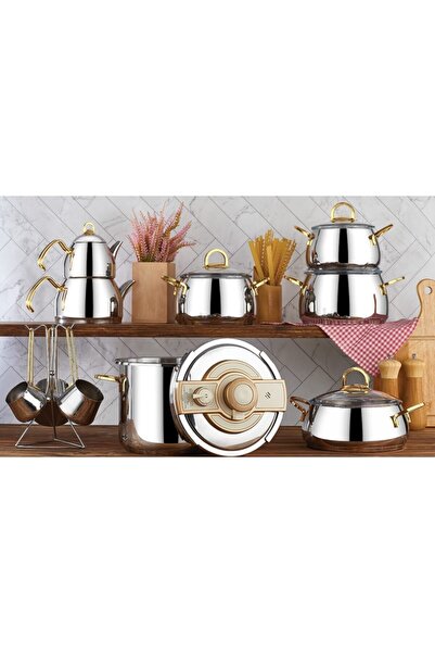 Kahramanlar Akasya Gold 18 Parça Çeyiz Seti Tencere Çaydanlık Cezve Düdüklü T...