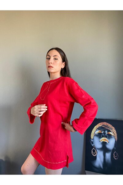 Esvap Butik Short Sleeve Tunic Şile Cloth with Embroidery on the Front