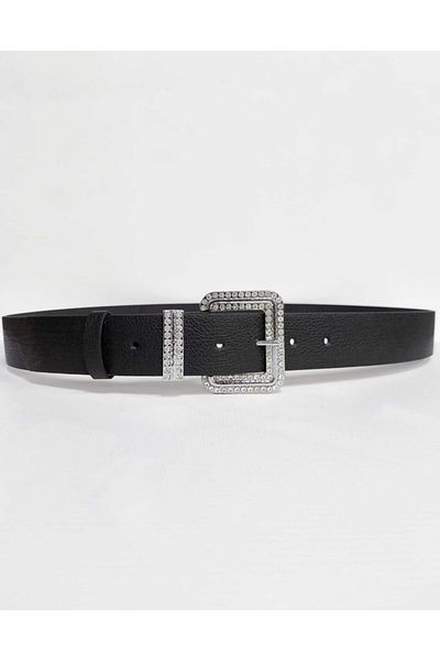 Kemerix Women's Black Belt with Silver Buckle and Stone
