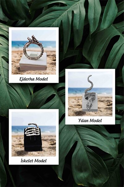 The Collection Unisex 3 Lü Ejderha Yılan Iskelet El Gümüş Kaplama Ayarlanabil...