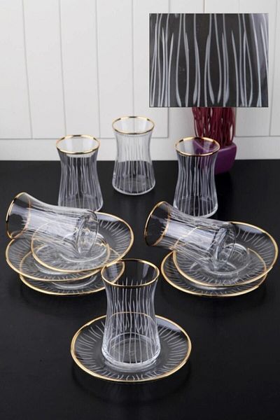 Paşabahçe Lava Luxury Line Pattern Gold Gilded 12-Piece Tea Cup Set with Dowry, Most Fit