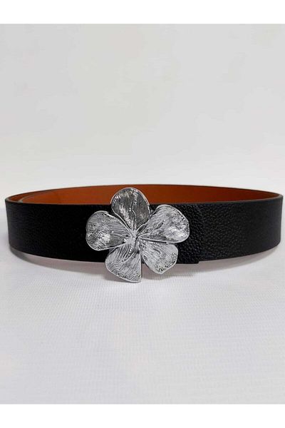 Kemerix Women's Black Belt with Silver Buckle