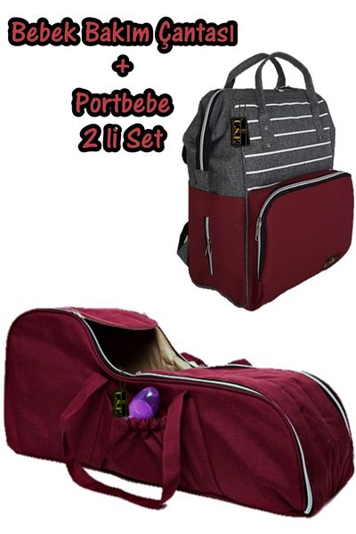 USF Unisex Burgundy Gray Striped Baby Care Bag and Carrycot Baby Carrier Stroller