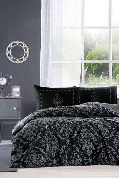 Özdilek Set cuvertură dublu din satin negru Clasurol Soft Life