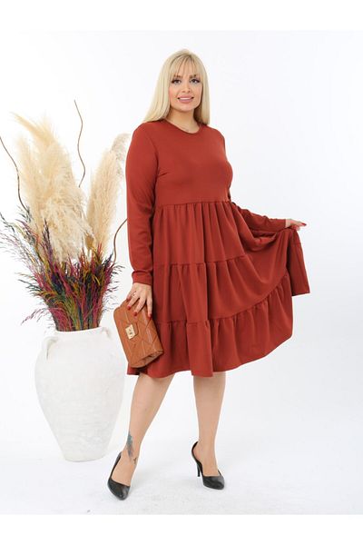 LİKRA Women's Brick Plus Size Layered Gathered Mira Dress