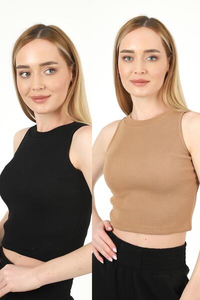 TİODES Bluză crop din 2 piese cu nervuri, cu gât neagră de piatră