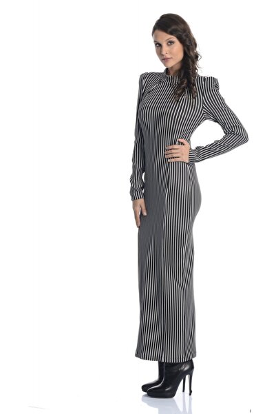 Kübra Tekin Marcelly Çizgili Vatkalı Maksi Kalem Elbise