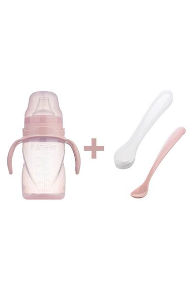 Mamajoo Kulplu Eğitici Bardak 270 ml & Ikili Beslenme Kaşığı / Powder Pink
