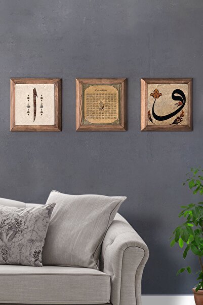 Oscar Stone Decor Masif (ahşap) Çerçeveli 3'lü Set Taş Tablo Pano 28x28 Cm Va...