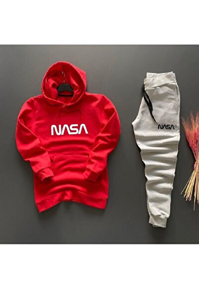 Deocept Unisex Kombin Kırmızı Nasa Baskılı Sweatshirt Ve Gri Eşofman Altı Takım