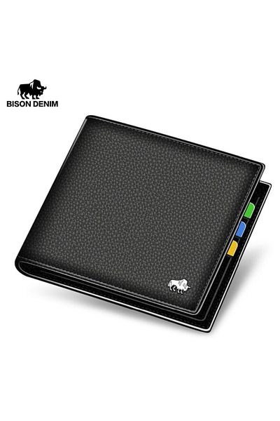 BISON DENIM Men's Thin Genuine Leather Italian Design Card Holder Wallet