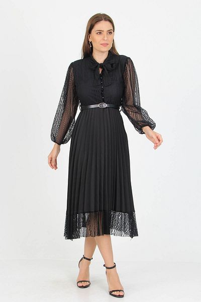 Neşeli Butik Rochie de damă din dantelă cu curea cu guler cu dantelă Apcx41
