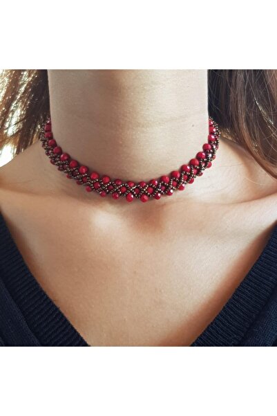Handmade By HLY Kadın El Yapımı Kristal Taşlı Işlemeli Choker Kolye