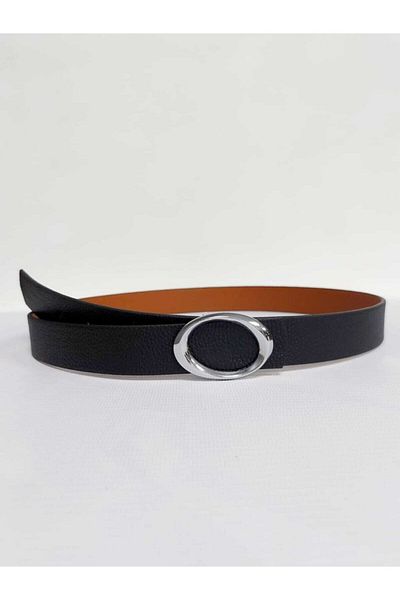 Kemerix Women's Black-tan Double-Way Oval Buckle Belt