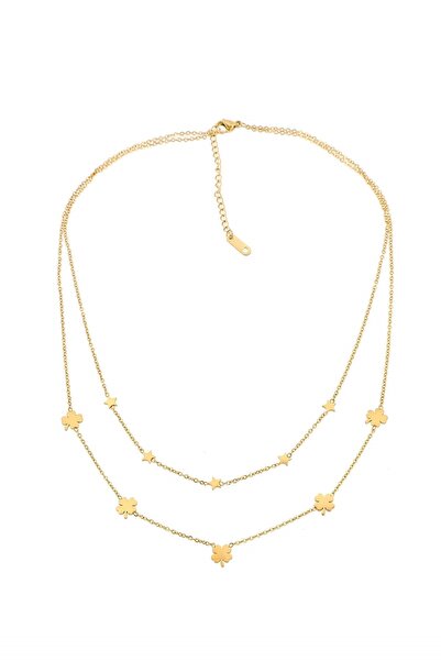 MODAMUGO Çelik Ikili Zincir, Beş Yoncalı Ve Yıldızlı Kolye - Gold