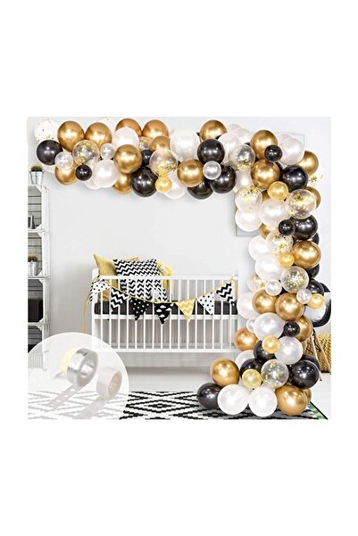 TATLI GÜNLER 50 Adet Siyah Beyaz Gold Konfetili Balon Zincir Seti