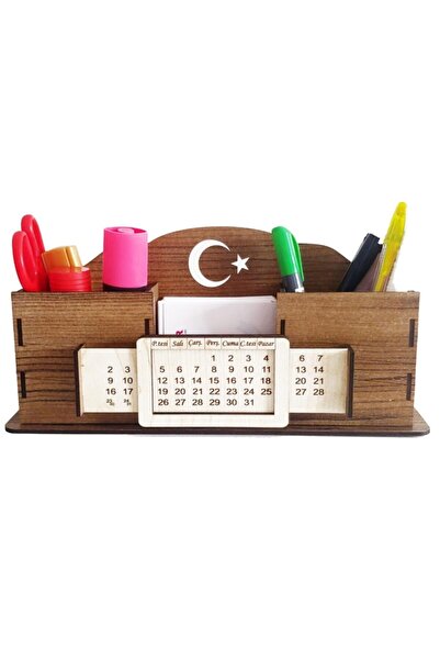 Notpa Takvimli Masaüstü Kalemlik Kalem Kutusu Organizer Ahşap Akasya Montajı Yapılmış Ürün