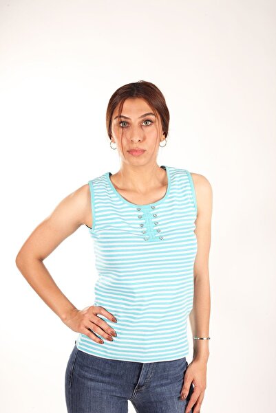 Blues Outlet Γυναικεία Ασημί Ριγέ Αθλητική Μπλούζα-τιρκουάζ Ριγέ