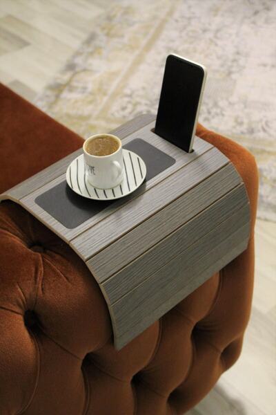 Mobitell Deri Tabanlı Telefon Tutacaklı Koltuk Kolçak Sehpa Antrasit Meşe