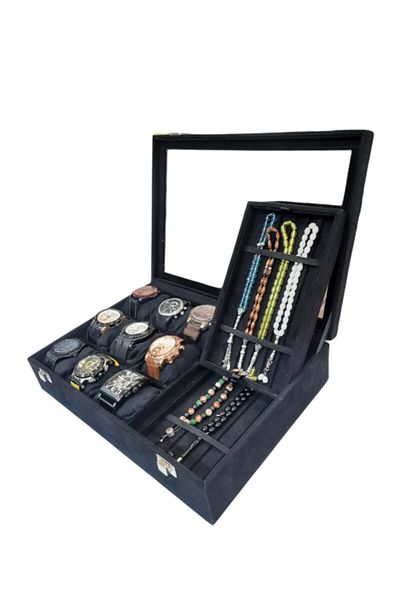STAND MARKET 9+ Black Alcantara Clock with Rosary Compartments and Rosary Box