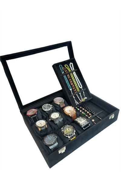 STAND MARKET 9+ Black Alcantara Clock with Rosary Compartments and Rosary Box