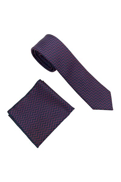 Brianze Red Navy Blue Patterned Tie Handkerchief Set