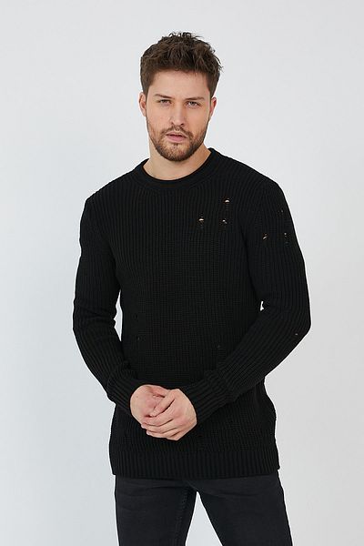 COOL TARZ Черен мъжки унищожен модел трикотажен пуловер-trz8141r06l
