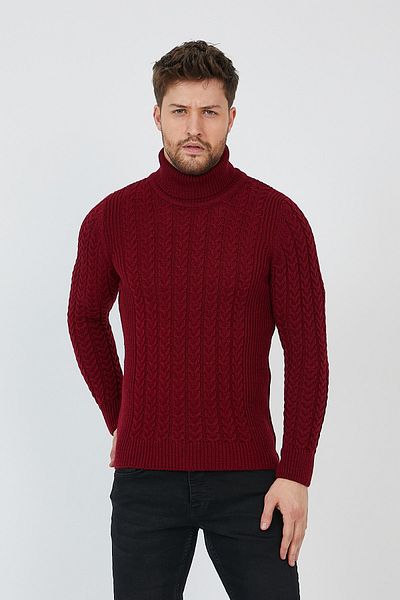 COOL TARZ Claret Red Men's Knitted Patterned Turtleneck Knitwear Sweater-trz8146r03m