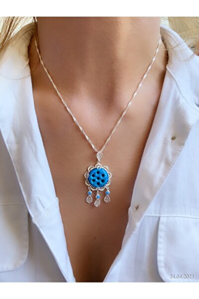 Redstone Store Gümüş Yedi Delikli Telkari Süryani Nazar Boncuğu Kolye 925 Ayar