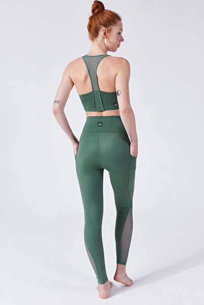 VAYU Haki Hestia Cep Detaylı Yüksek Belli Tüllü Yoga & Pilates Taytı