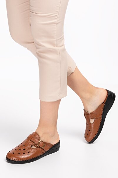 Akgün Terlik Women's Tan Genuine Leather Orthopedic Comfortable Sabo Slippers
