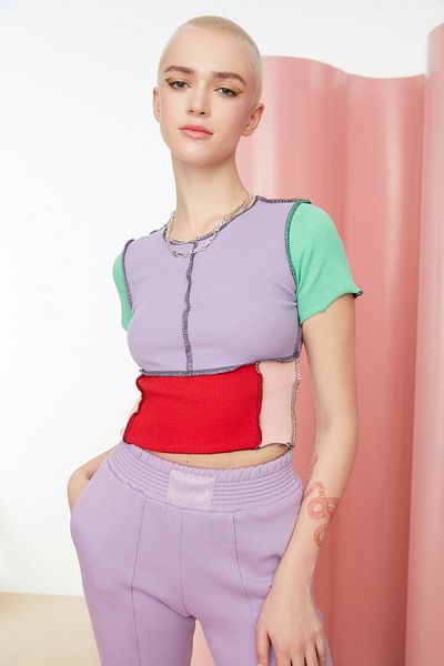 Trendyol Collection Lilac Color Block Corded Crop Knitted Blouse TWOSS21BZ1189