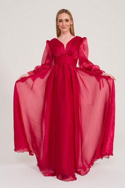 SpringStore Rochie de seara din tul cu maneca balonata rosie Claret