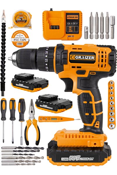 Graizer Alman Technology 58 V 5 Ah Darbeli Çift Akülü Şarjlı Vidalama Matkap 32 Parça Hobi Set