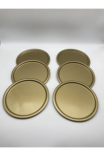Aslı Hediyelik Set of 6 Metal Antique Single Person Decorative Tea, Coffee and Cake Service Presentation Tray 23 Cm