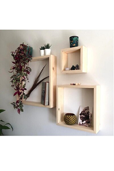 Doğal Life Ahşap Dekoratif Tasarım 3'lü Kare Duvar Rafı