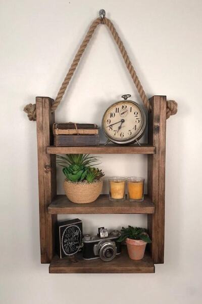 Doğal Life Dekoratif El Yapımı 3 Gözlü Masif Ahşap Raf Kitaplık Banyo Raf