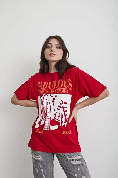 Mad&Calf Women's Red Fabulous Printed Oversize T-shirt