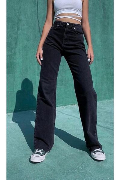 Trn JNS Pantaloni largi, în lycra negru, cu talie super înaltă, Palazzo Palazzo. (SUPER ÎNALT.) Picior lat.