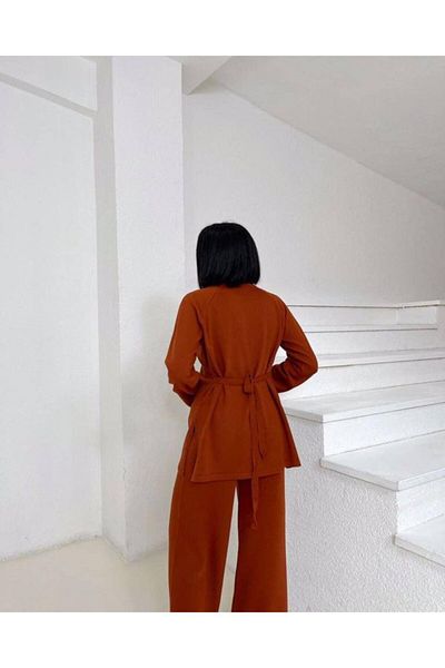 1Moda1Tarz Women's Tile Crew Neck Belted Knitwear Bottom-Top Set Comfortable Fit Detail Elastic Waist