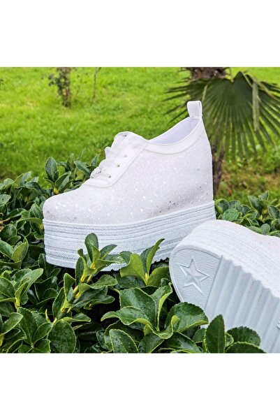 Ayakkabı Tutkusu Stilo ® Içten Gizli Topuk Spor Dolgu Topuk Beyaz Parıltılı 13cm