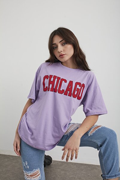 Mad&Calf Γυναικείο μπλουζάκι με στάμπα λιλά Chicago Oversize