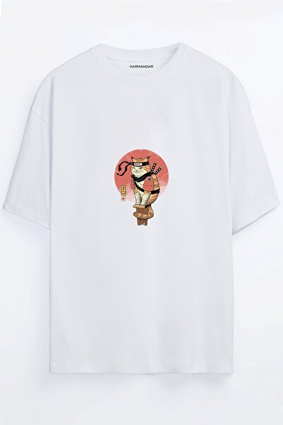 Harmandar ؟ تي شيرت أبيض كبير الحجم مطبوع عليه قطة شينوبي نينجا للجنسين