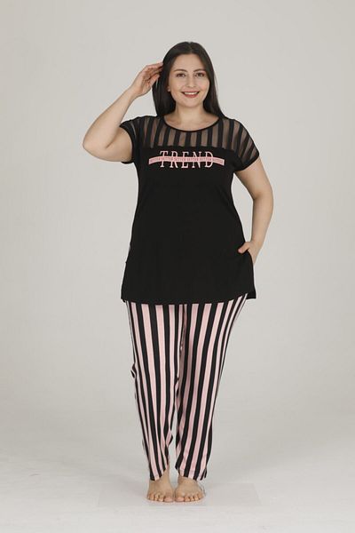 Lady Lingerie Never Mind Printed Pink Striped Tights Plus Size Short Sleeve Set