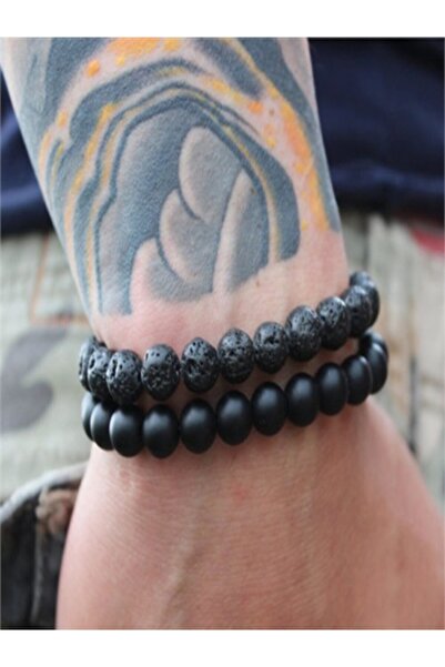 NehirTaş مجموعة أساور من حجر العقيق الأسود غير اللامع وحجر الحمم البركانية