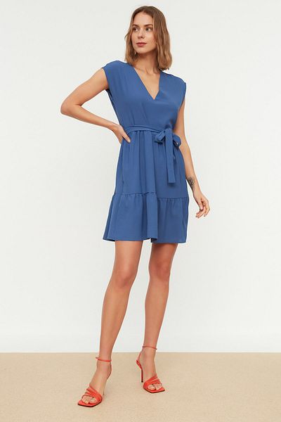 Trendyol Collection Indigó öves derekú mini szőtt ruha TWOSS20EL0628