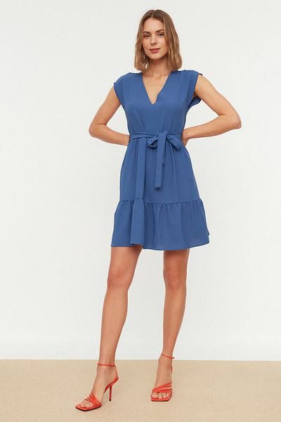 Trendyol Collection Indigó öves derekú mini szőtt ruha TWOSS20EL0628